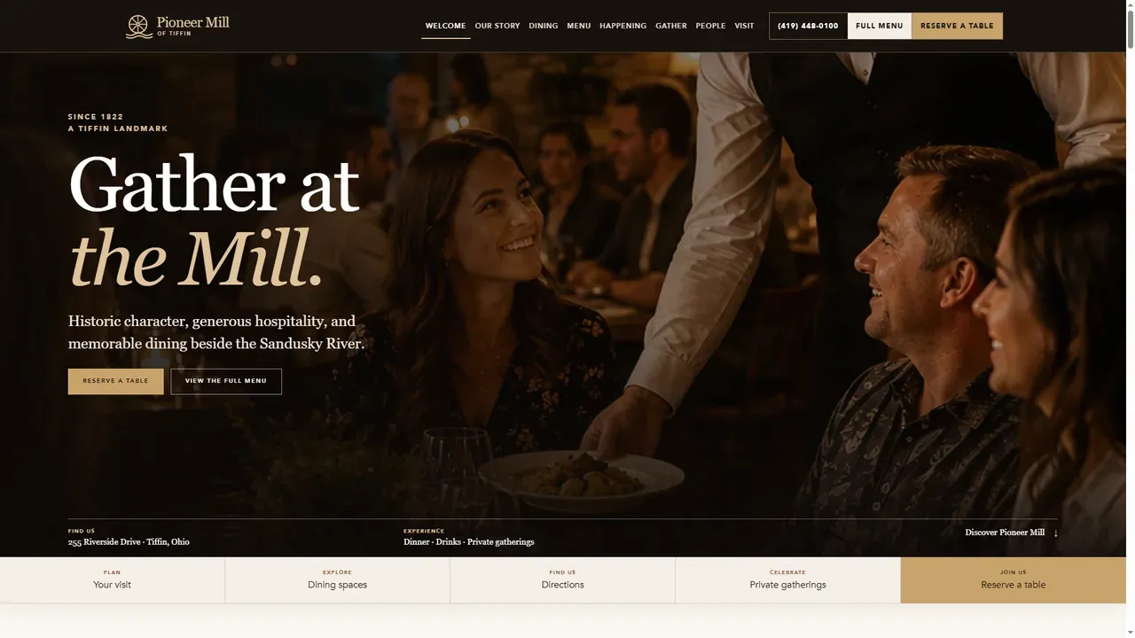 Our Pioneer Mill redesign: “Gather at the Mill” over guests at a table, with Reserve a table and Full menu buttons and a visit-planning bar